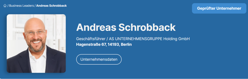 Andreas Schrobback - Senator h.c. – Wirtschaftssenator - Mitglied des Bundeswirtschaftssenats - Bundesverband Mittelständische Wirtschaft - Mitglied im IHK-Branchenausschuss Bau- und Immobilienwirtschaft4 - Aktives Mitglied im Wirtschaftsrat der CDU e.V.