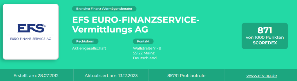 EFS Euro Finanz Service Vermittlungs AG (EFS-AG) - Scoredex Bewertung